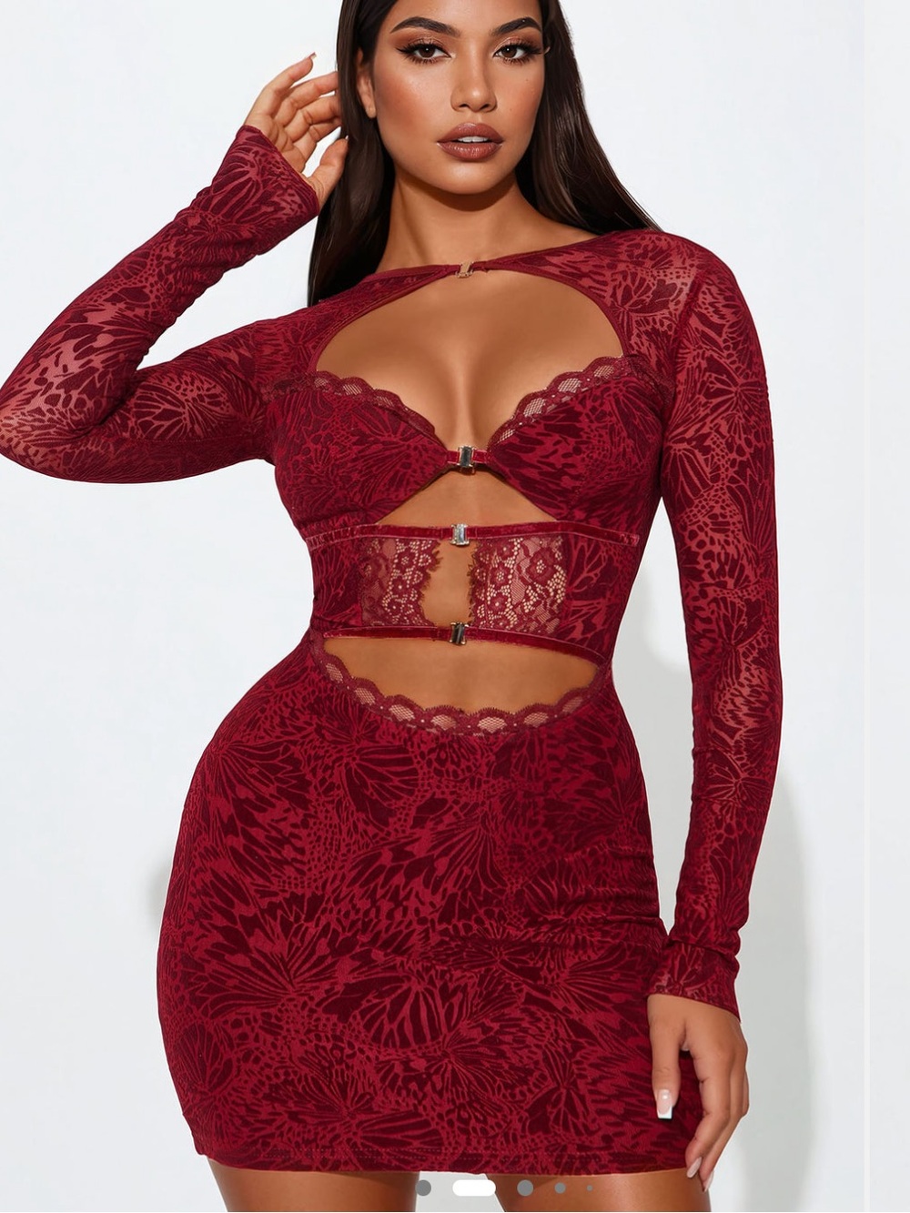 Burgundy Lace Cutout Long Sleeve Mini Dress